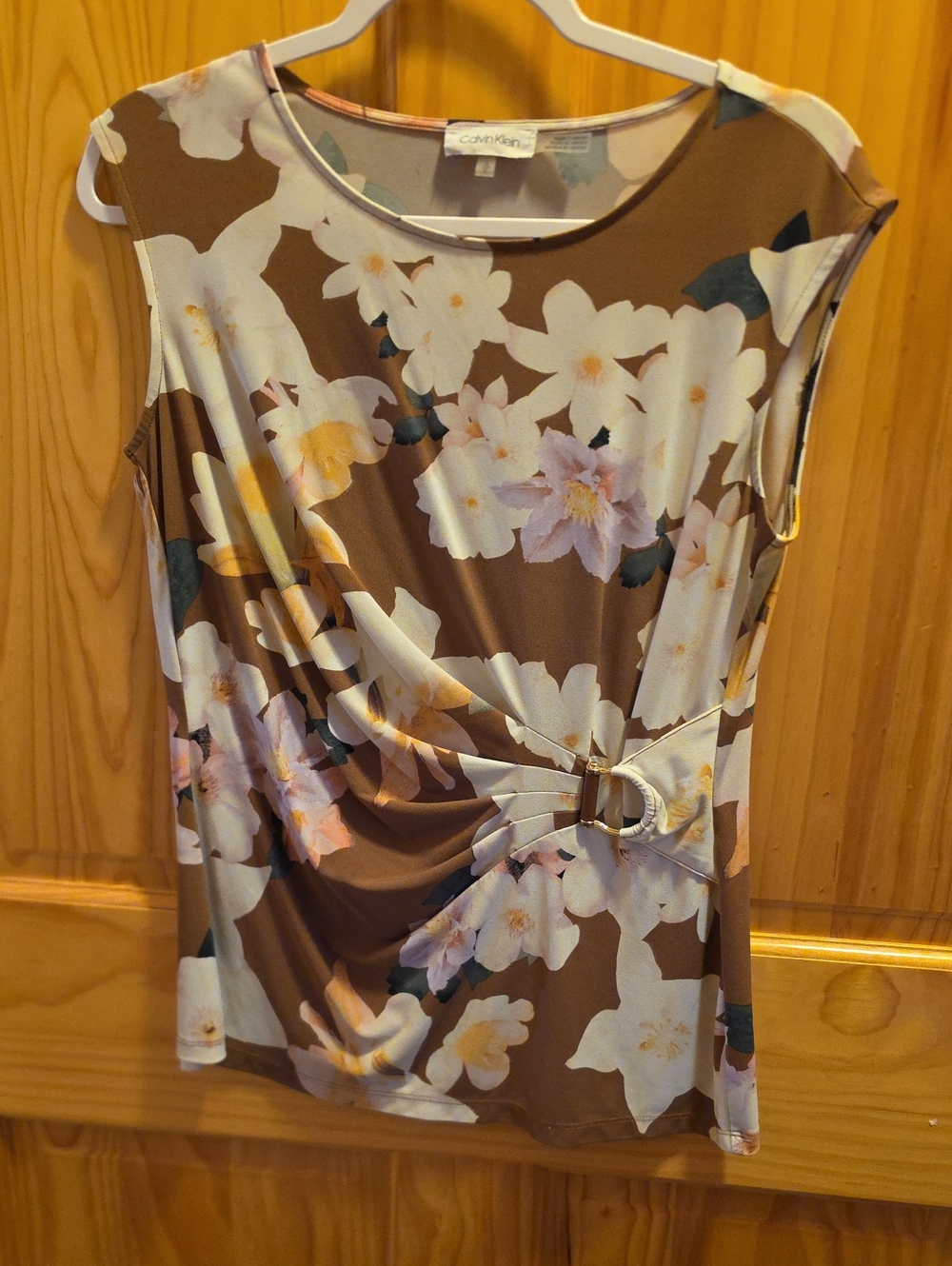 Calvin Klein Brown Floral Drape Shell Top with Buckle